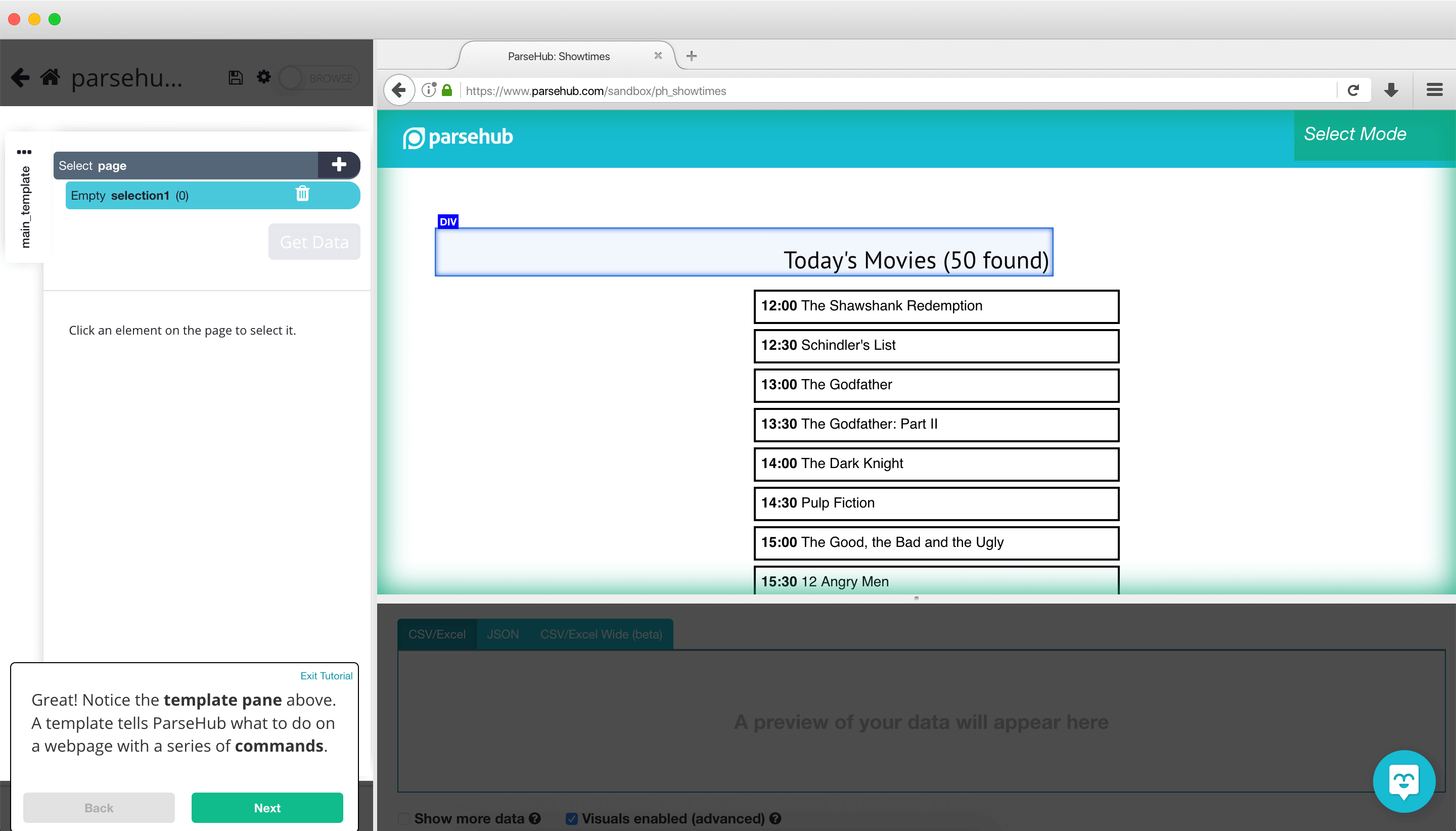 Parsehub user interface
