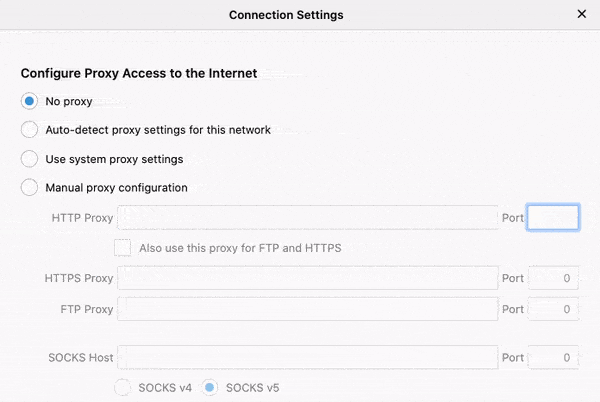 Connection settings in Firefox