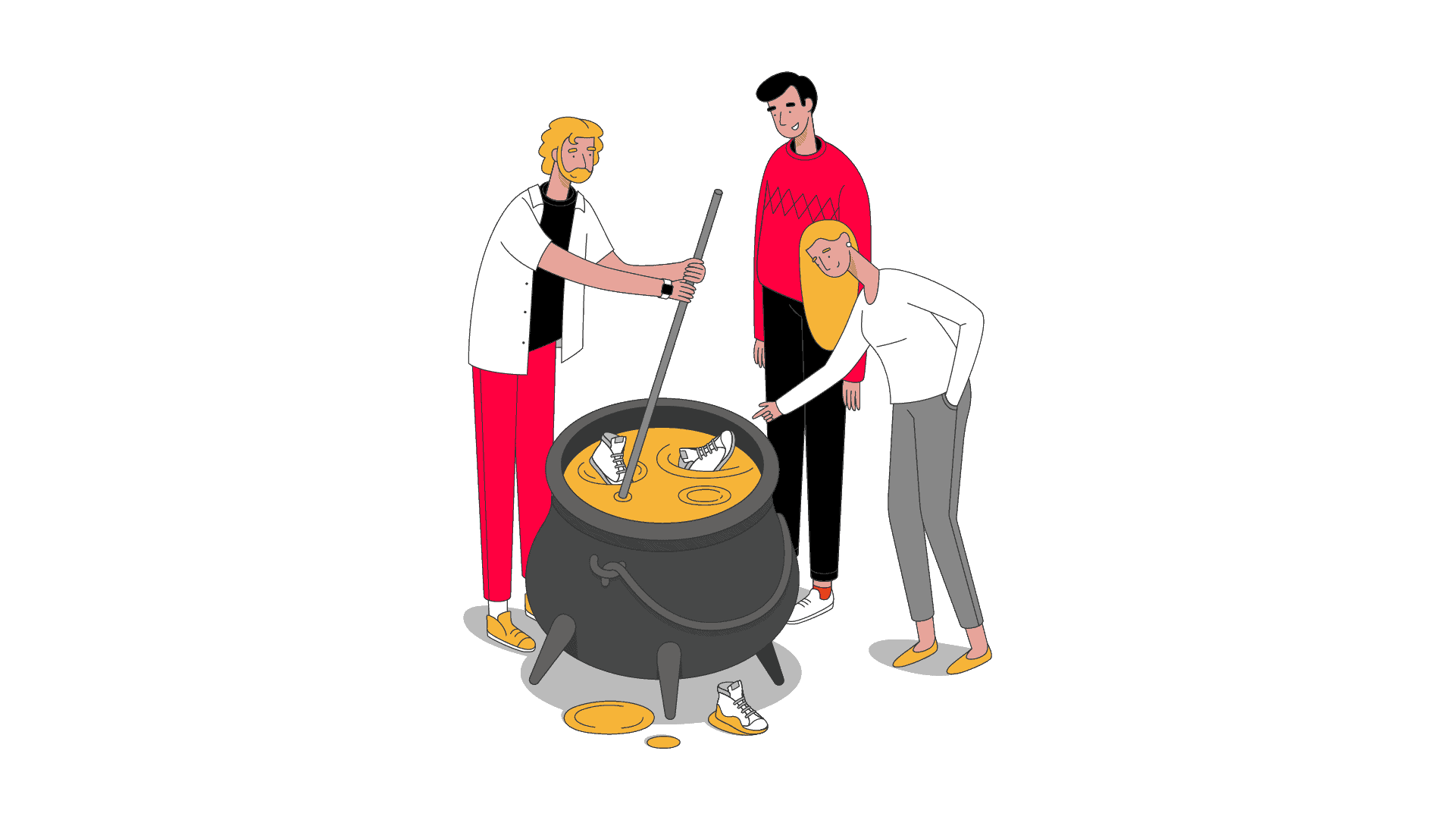 people standing around a cauldron cooking shoes
