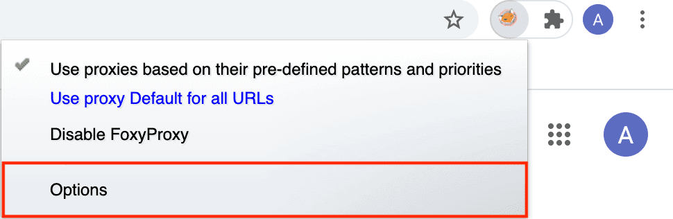 foxyproxy chrome extension options in the toolbar