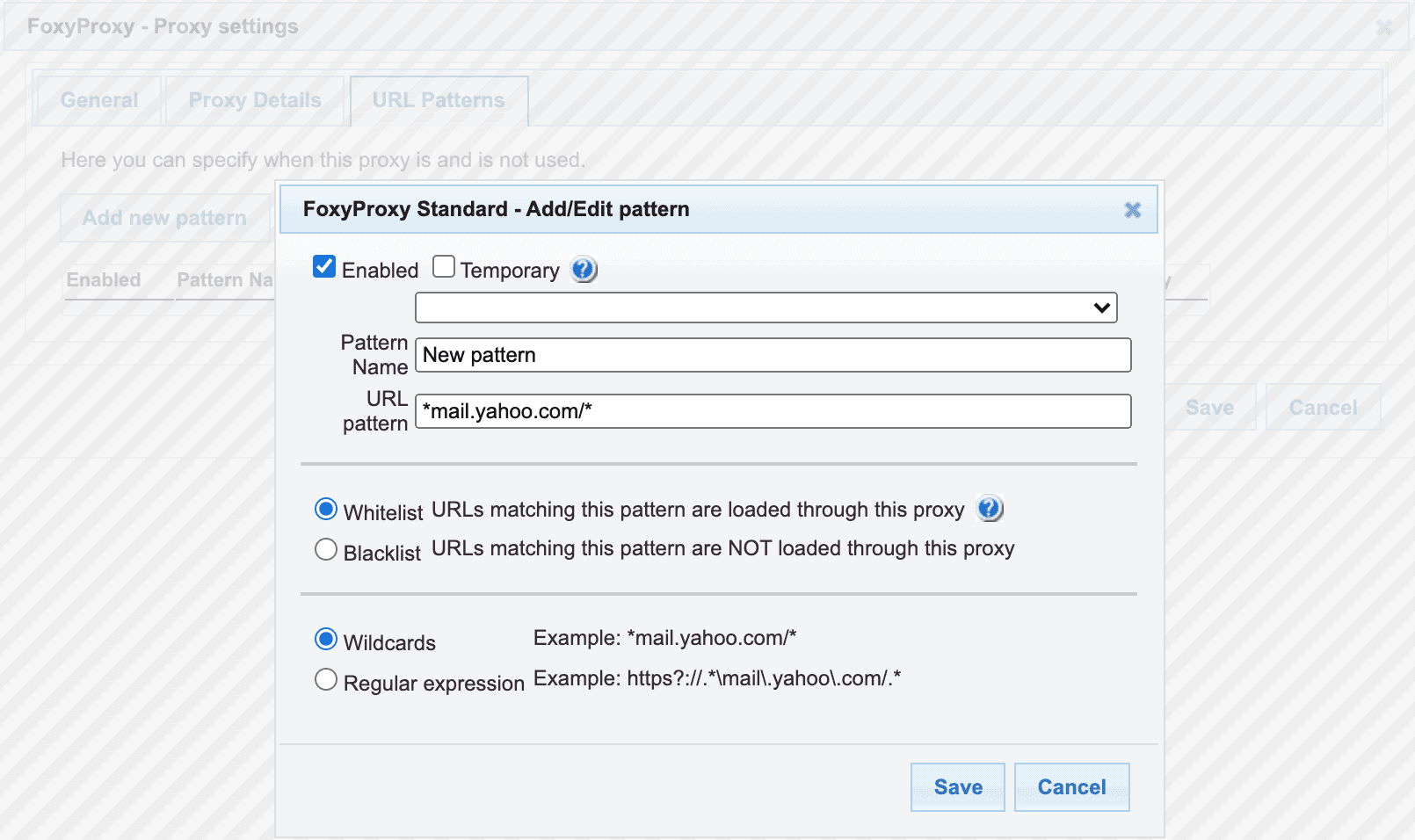 foxyproxy chrome settings url patterns