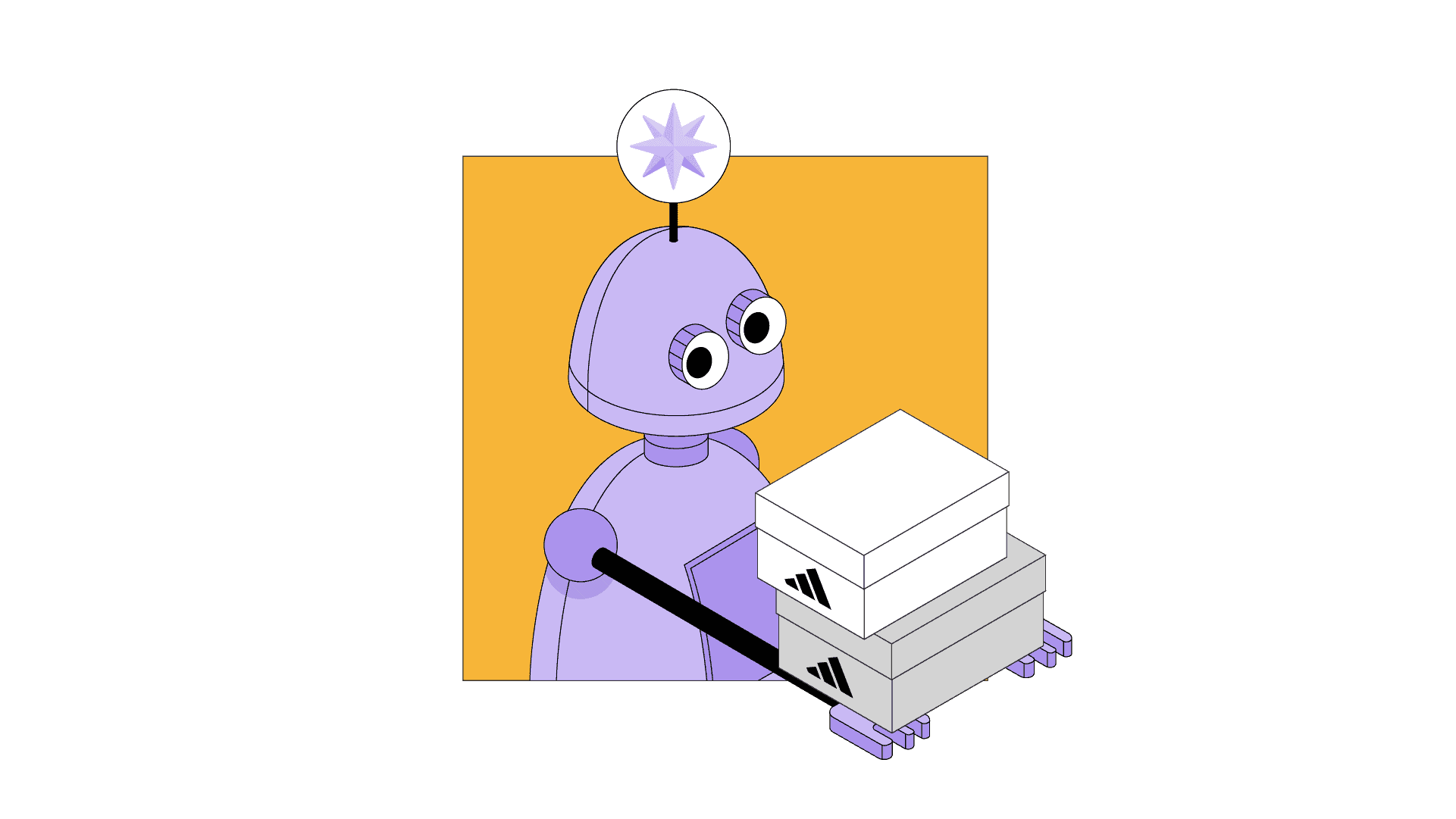 purple bot holding sneaker boxes