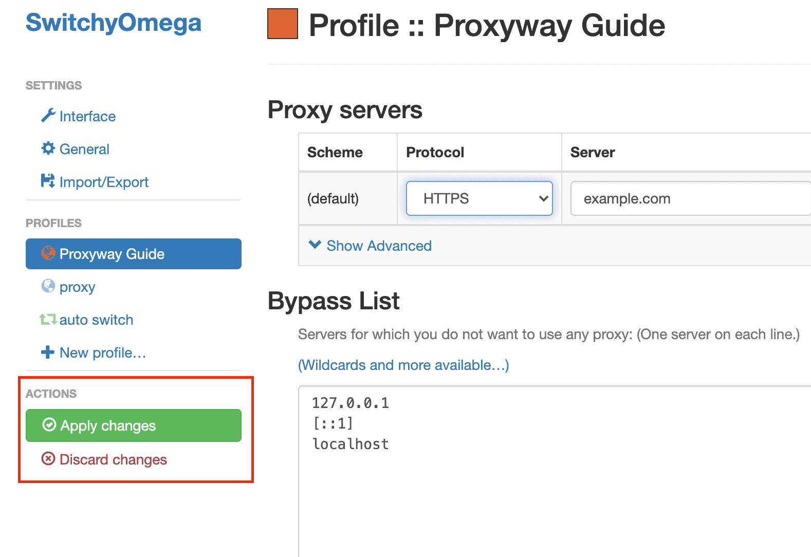 How to use switchyomega screenshot - actions field highlighted