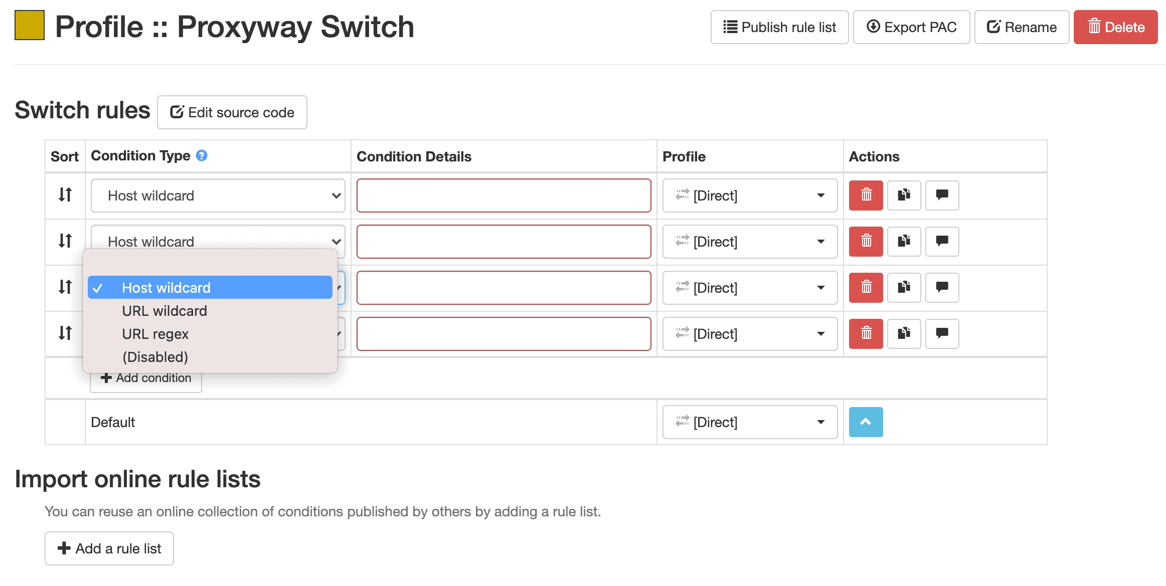 How to use switchyomega screenshot - Host wildcard option chosen