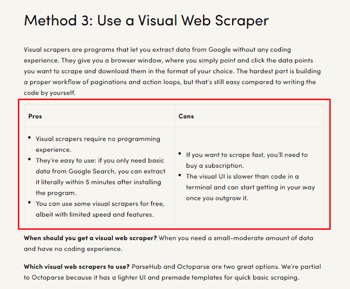Screenshot of Pros and Cons of using a visual web scraper