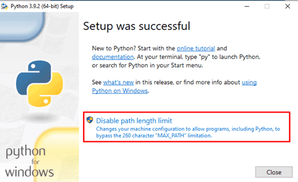 Python Disable path length limit screenshot