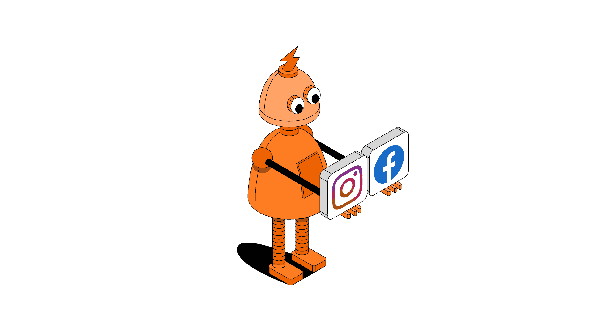 Orange robot holding Instagram and Facebook blocks