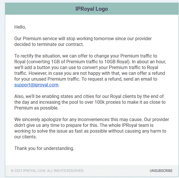 Screenshot of IPRoyal residential announcement