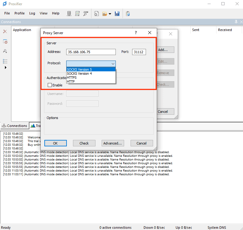 entering proxy credentials