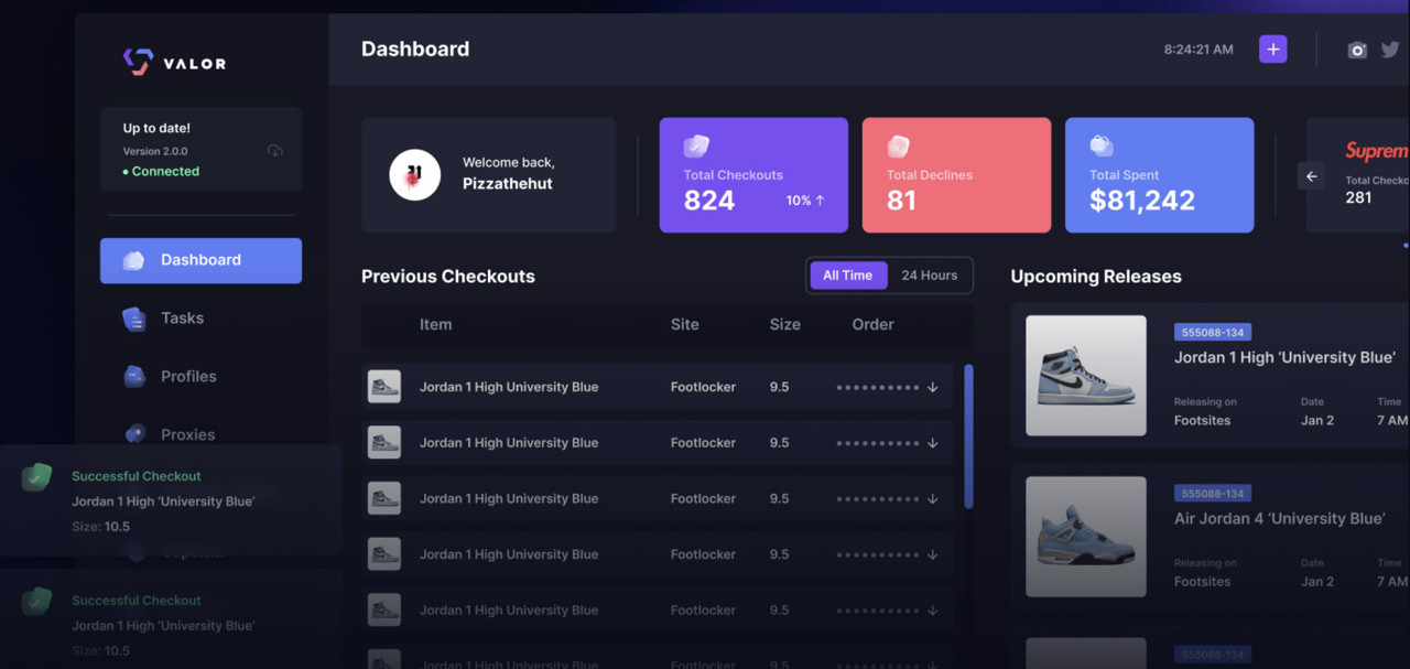 Valor AIO bot dashboard