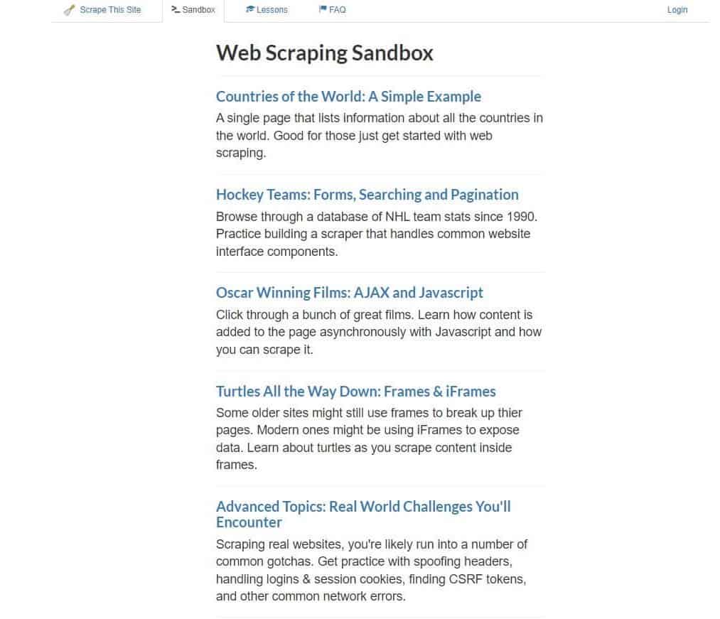 Web scraping sandbox