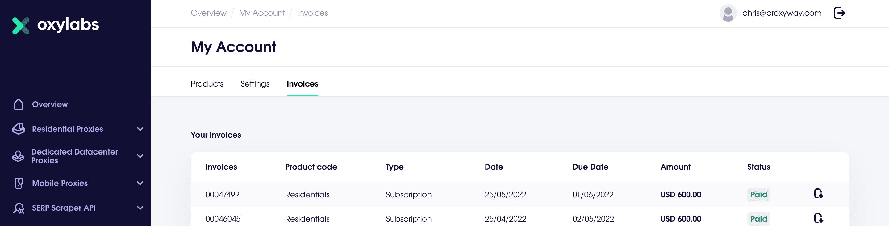 oxylabs dashboard invoices