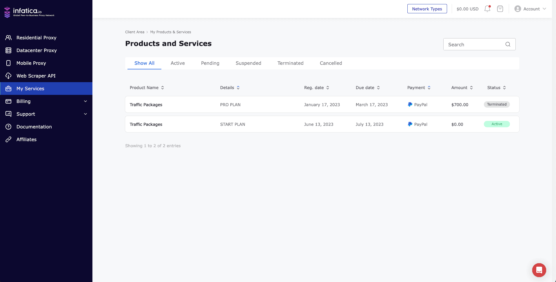 infatica dashboard services tab
