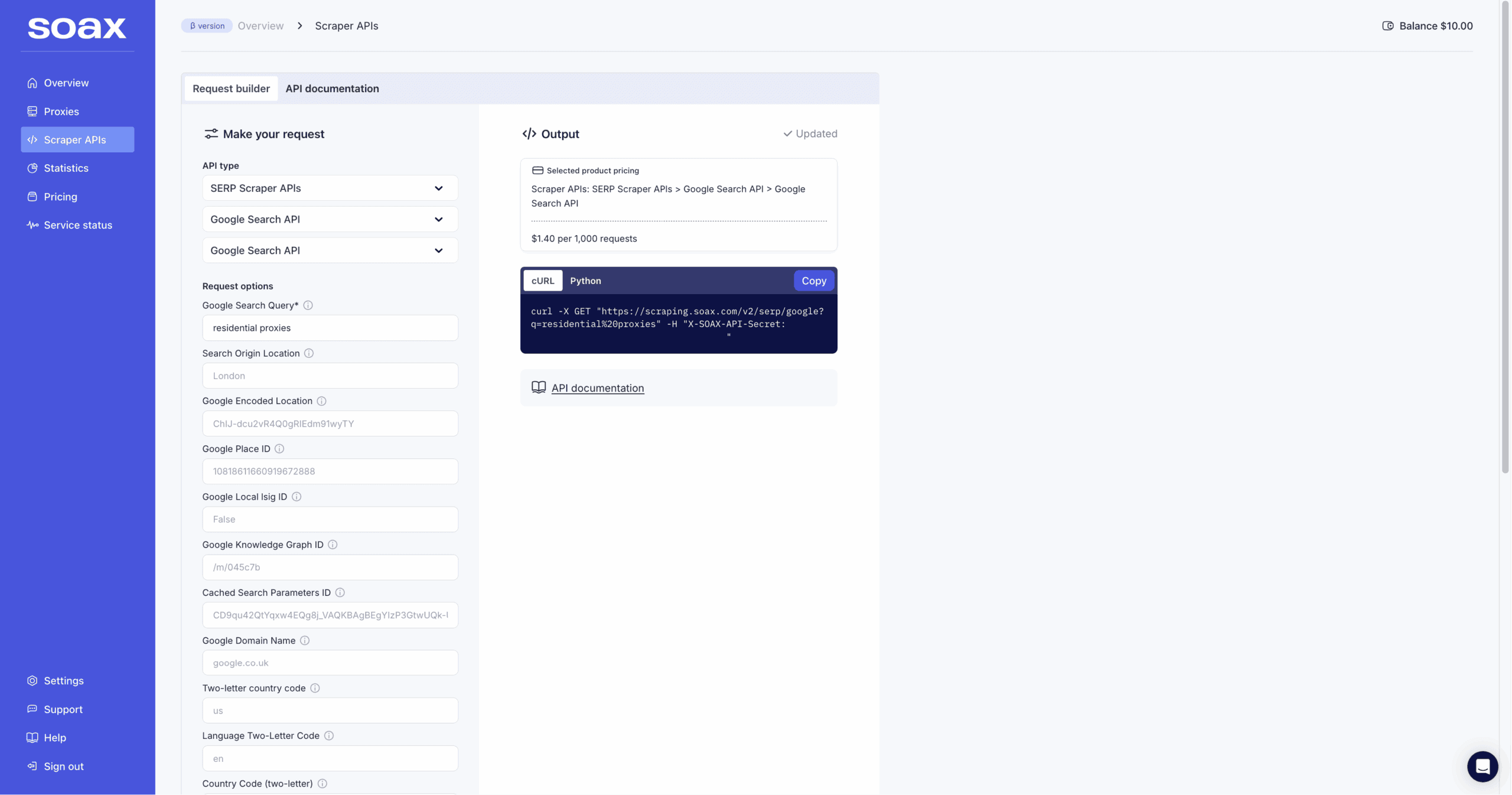 soax new dashboard api request builder