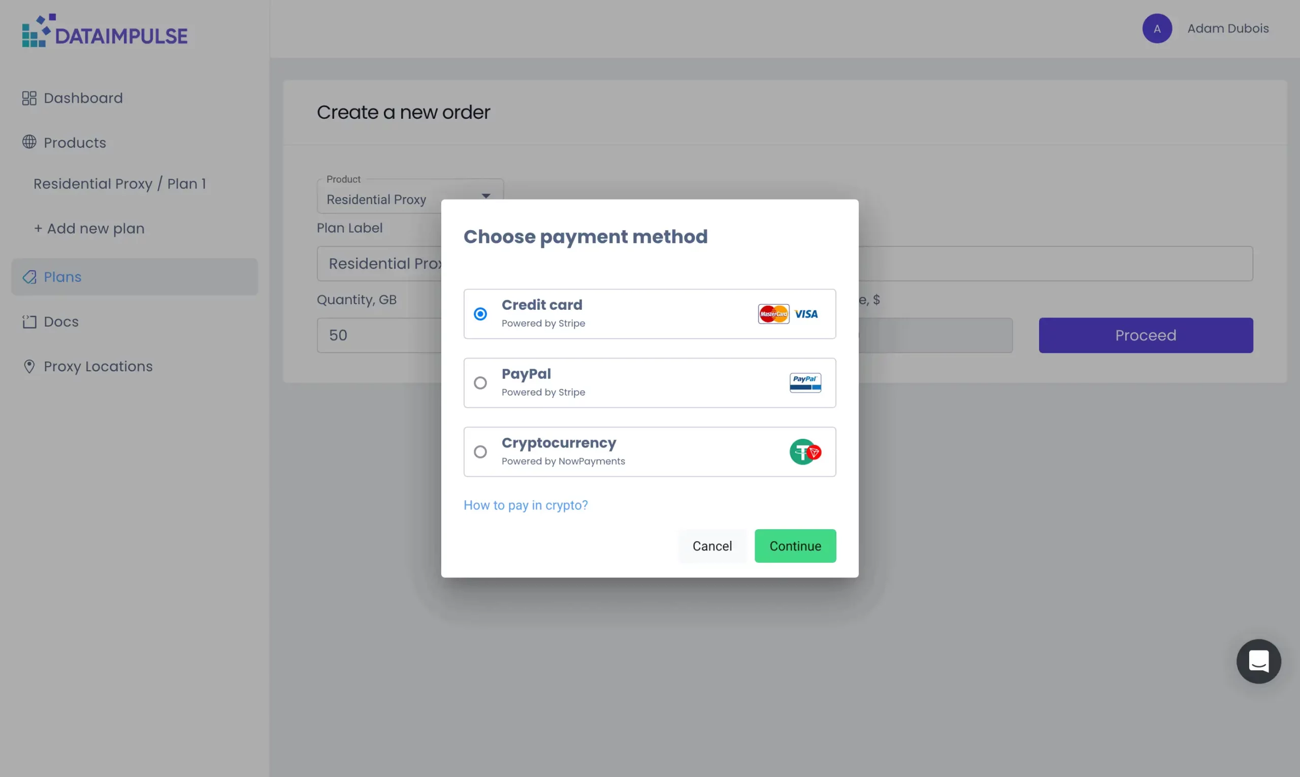 dataimpulse dashboard payment methods