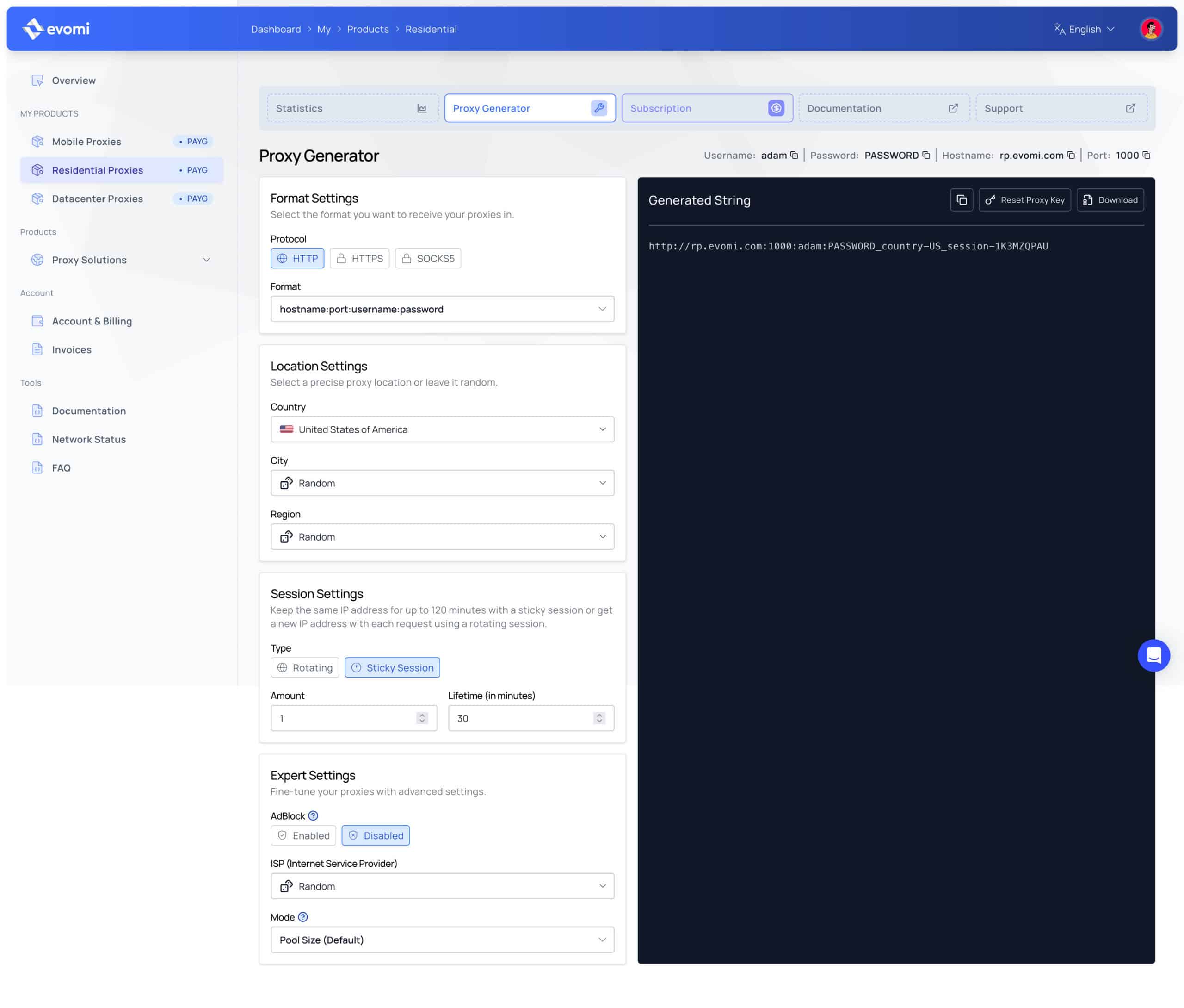 evomi dashboard proxy setup