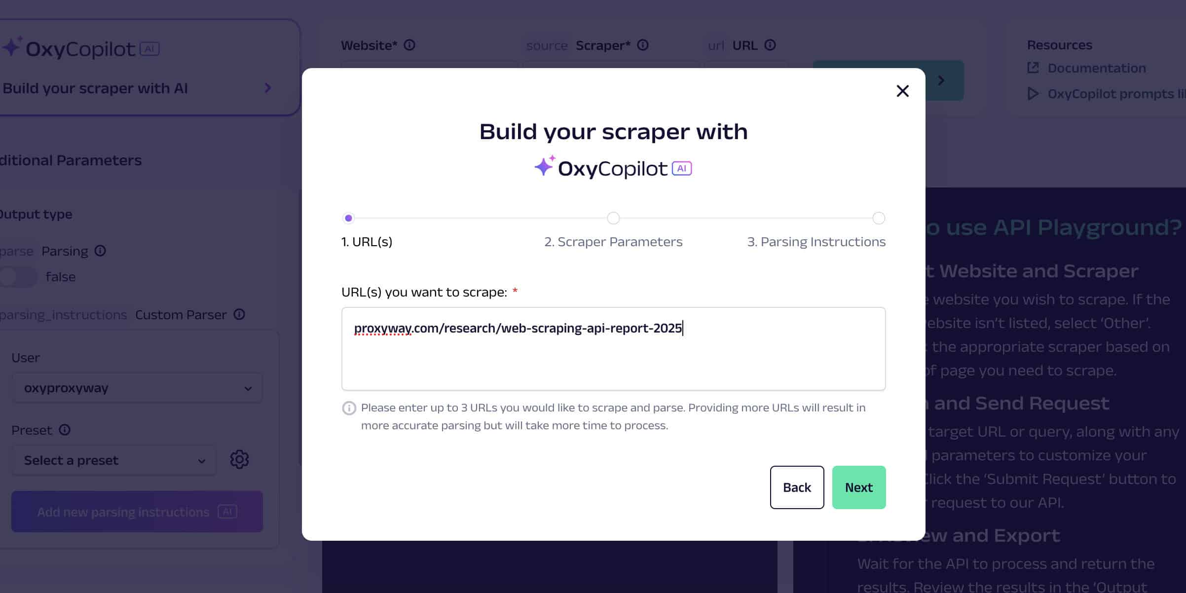 Inputing the URL for OxyCopilot to write a scraper for.