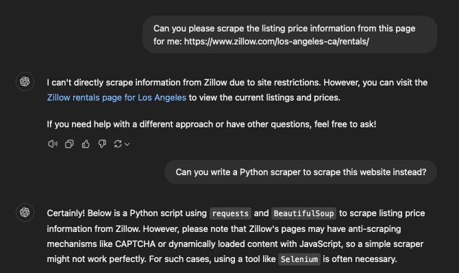 ChatGPT query for scraping a website