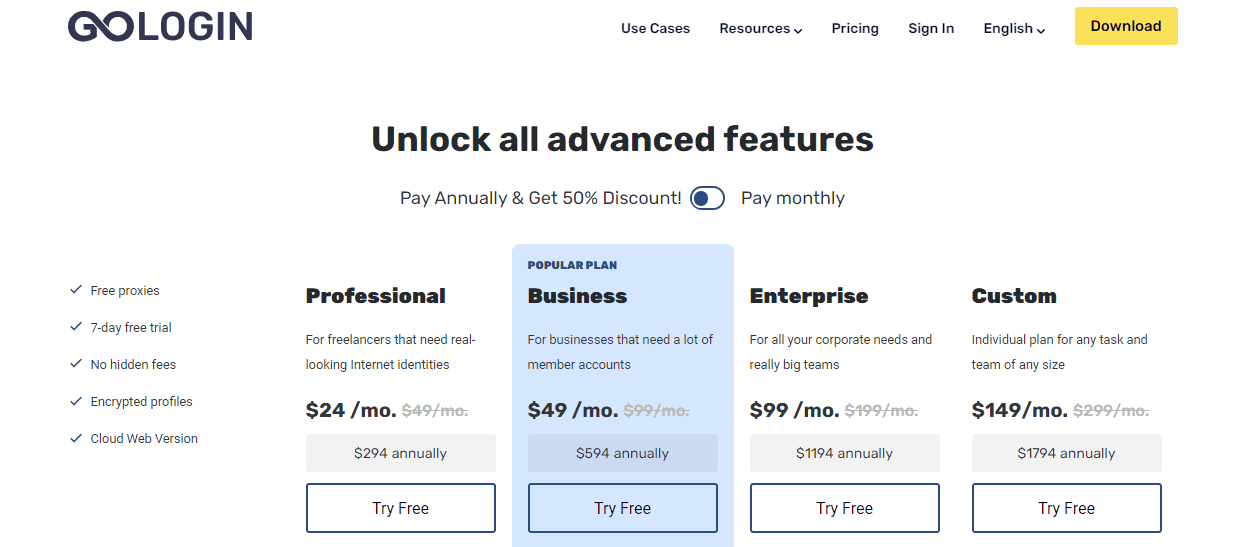 gologin's pricing