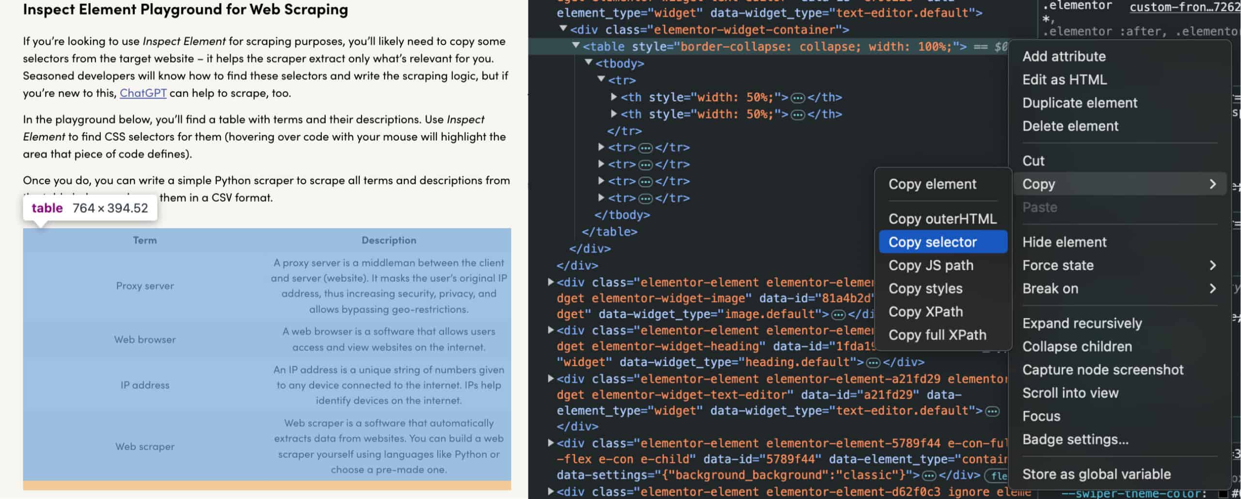 Finding the table and copying its CSS selector using Inspect Element