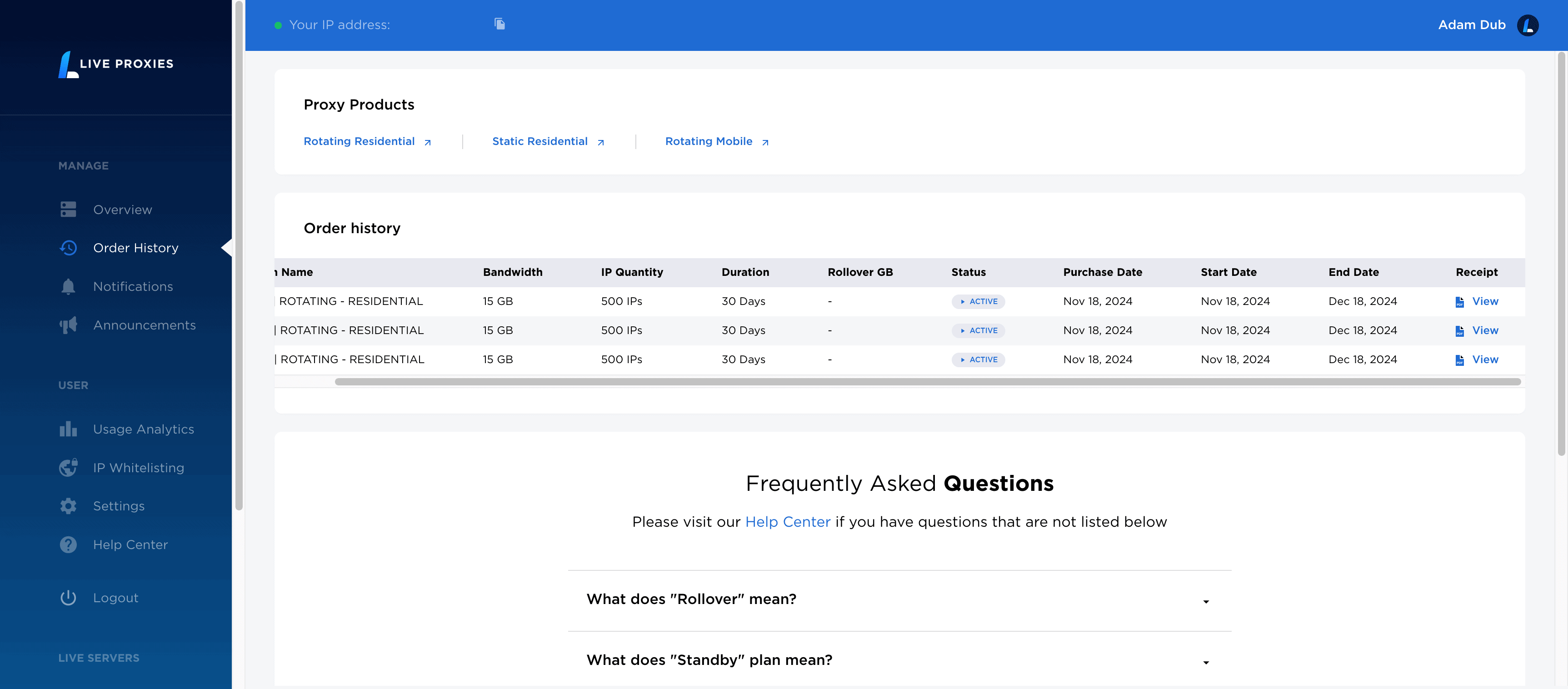 live proxies dash usage history