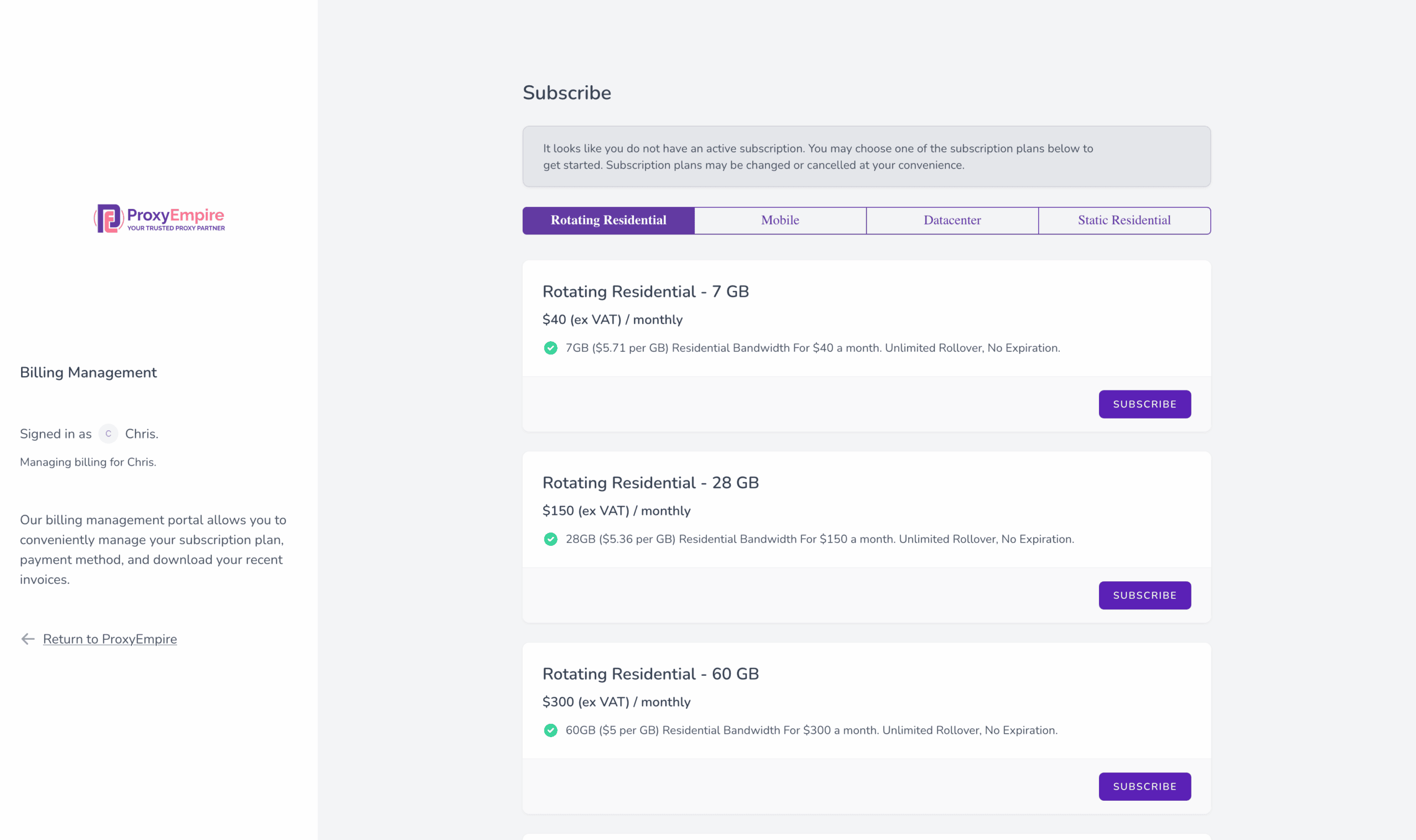 proxyempire dashboard billing management portal