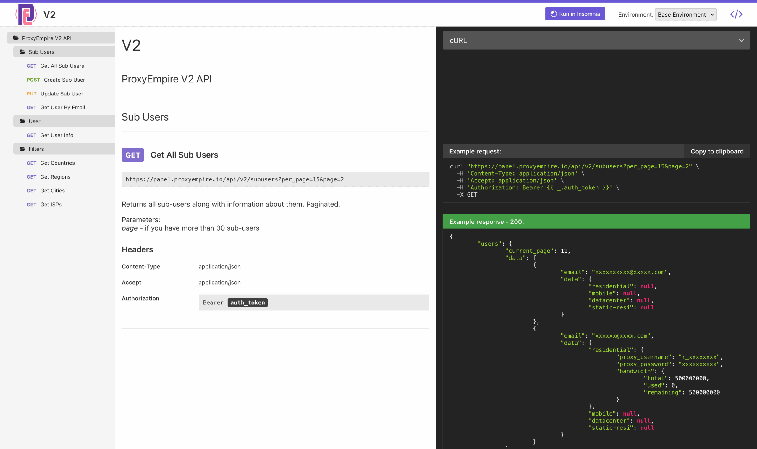 Documentation for ProxyEmpire's API.