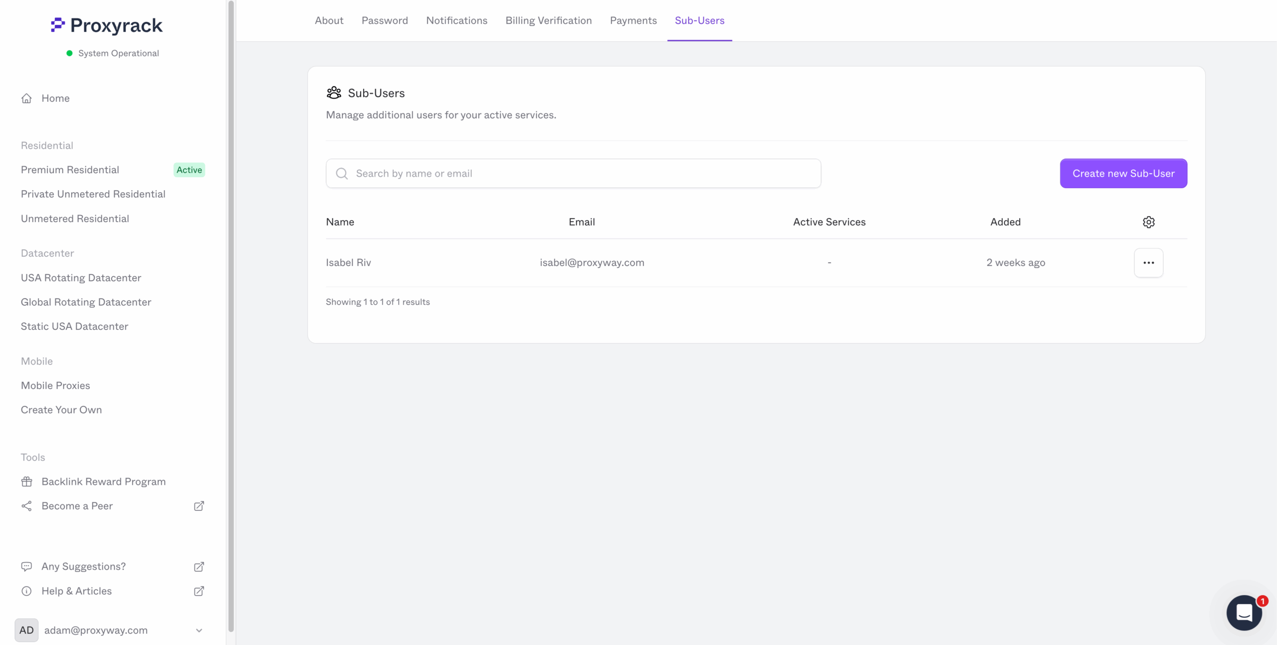 proxyrack dash sub-users