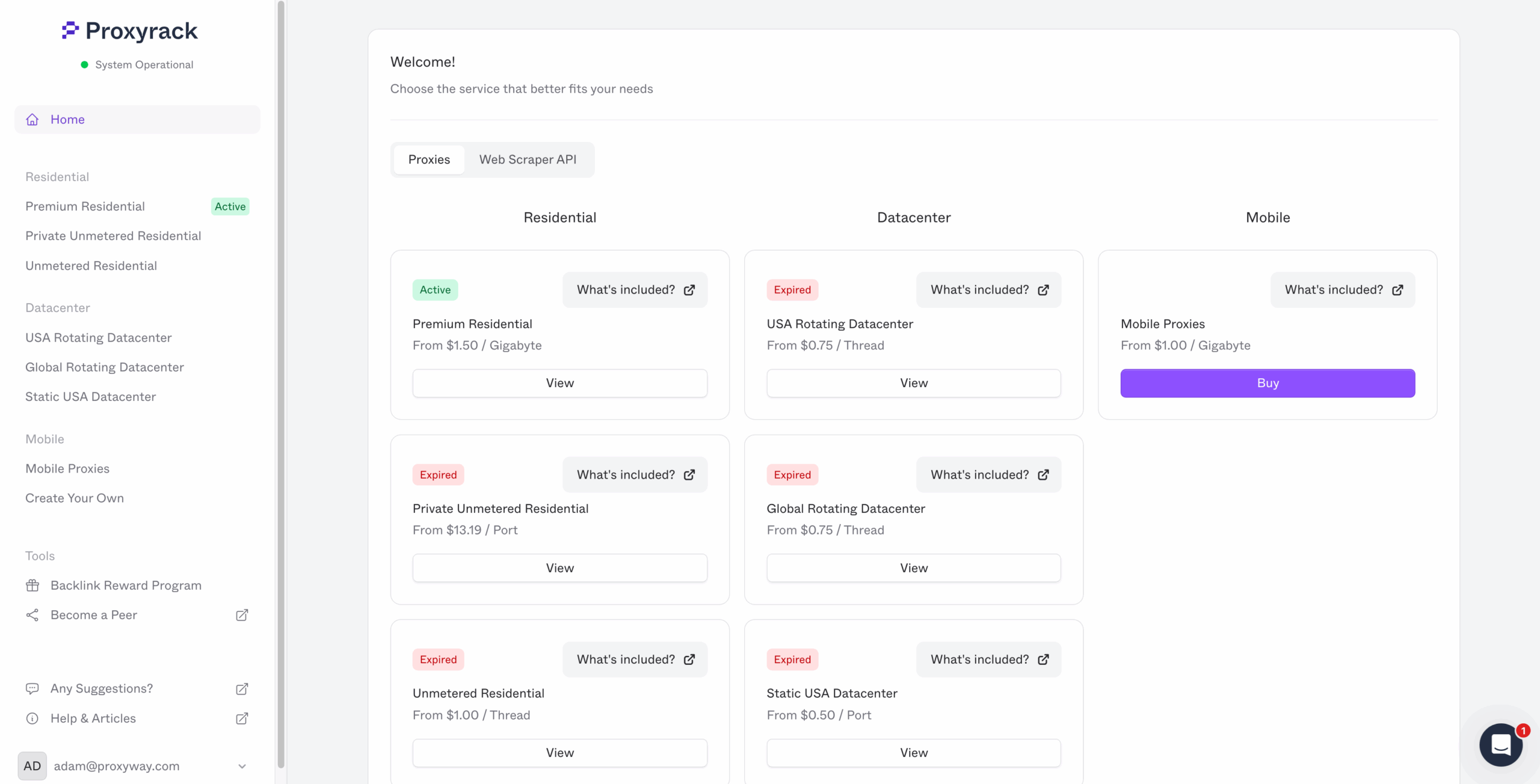 proxyrack dashboard home