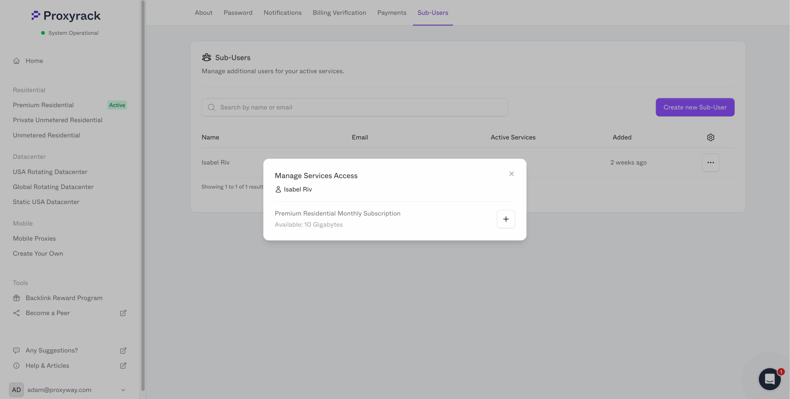 proxyrack dash sub-user creation
