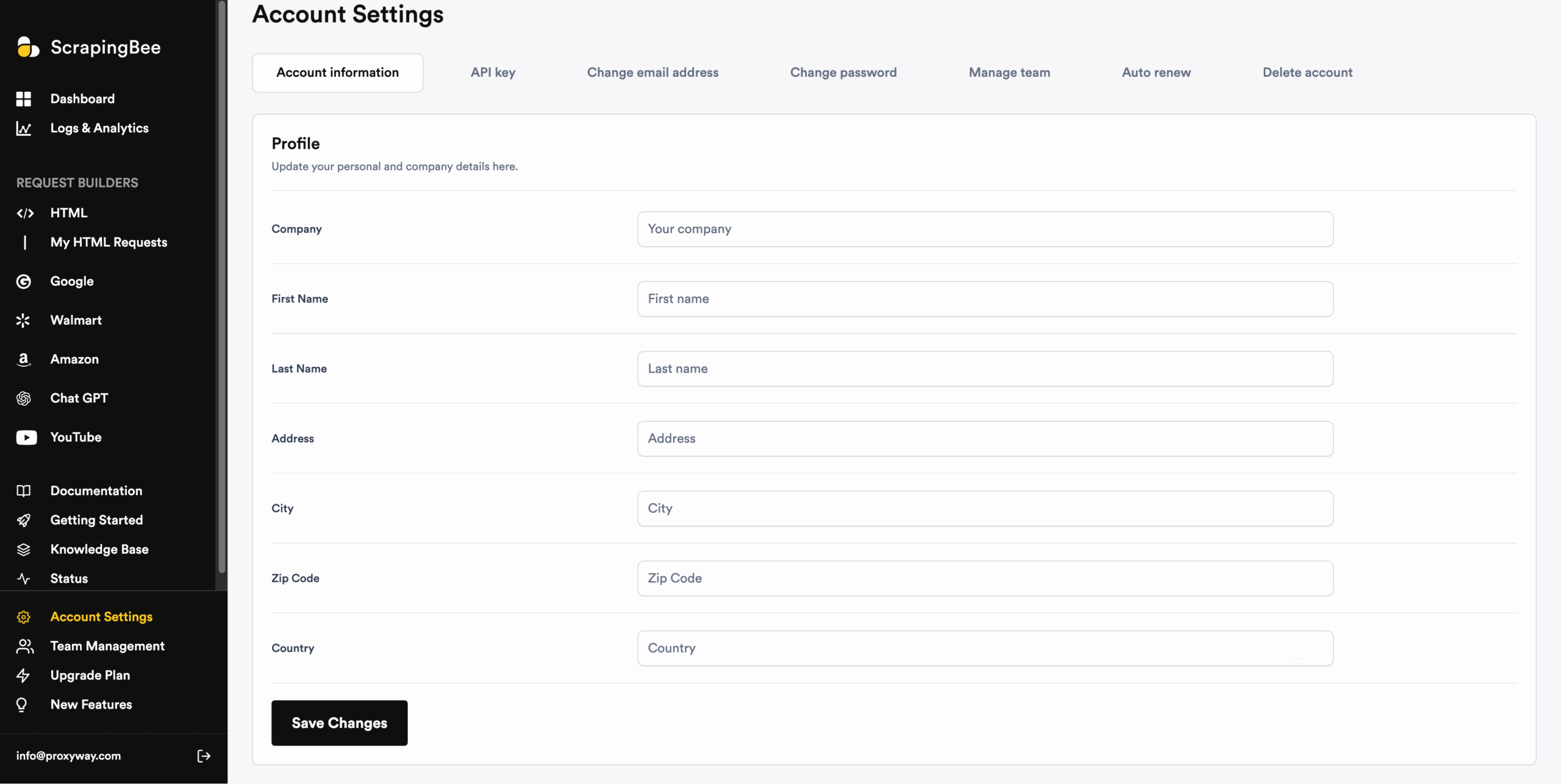 scrapingbee dash account settings