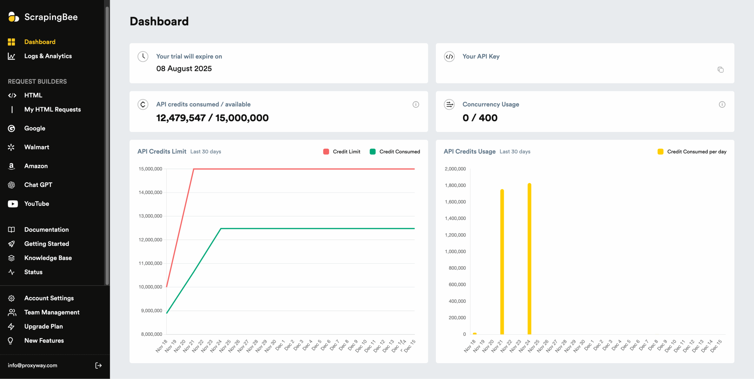 scrapingbee dashboard home